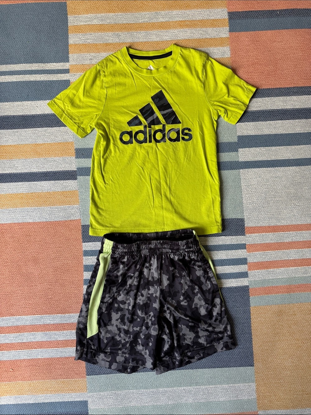adidas Neon Lime Crewneck Tee with Black Logo camo outfit